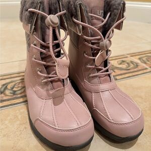 UGG Pink Winter Boots with Lace-Up Front and Sturdy Rubber Sole